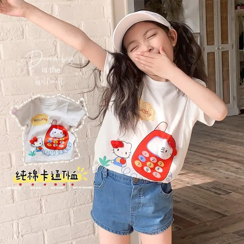 T-shirt en coton Anime Sanrioed Hello Kittile pour enfants, mode Kawaii Kt Cat pour filles, manches courtes, dessin animé décoratif 3D, cadeau coréen Y