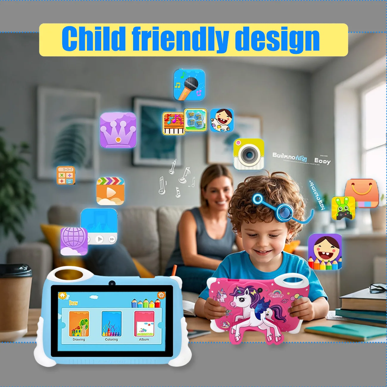 Tablet infantil Android 12 de 7 polegadas, tablet educacional com câmeras duplas, projetado para meninos e meninas como aniversário divertido, presentes de Natal