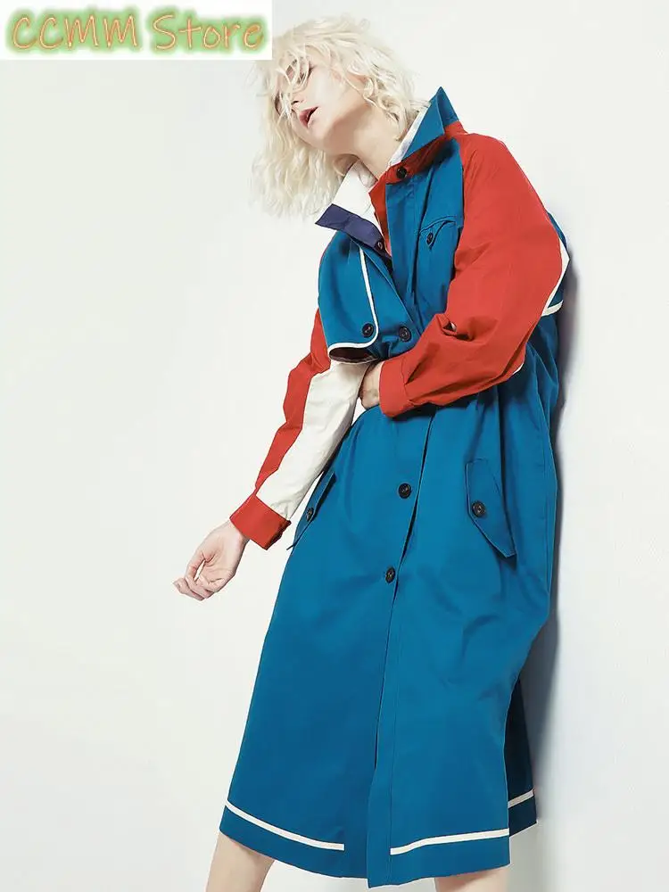 

Women Blue Color-block Big Size Long Trench New Lapel Long Sleeve Loose Fit Windbreaker Fashion Spring Autumn