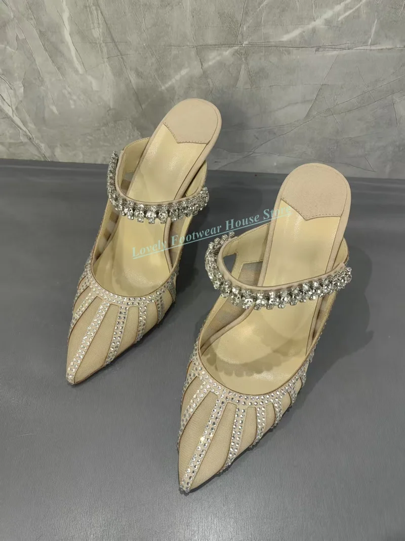 

Graceful Beige Color Woman Stiletto Heel Mules Pointed Toe Slip On Female Thin High Heel Silver Crystal Decoration Slipper Shoes