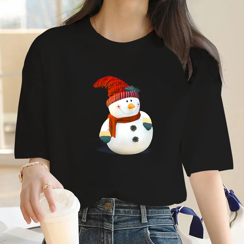 Snowman Christmas Print Y2k T-shirt For Women's Summer Oversized Ladies Short Sleeved Tees Clothing Loose Pure Cotton Soft Tops