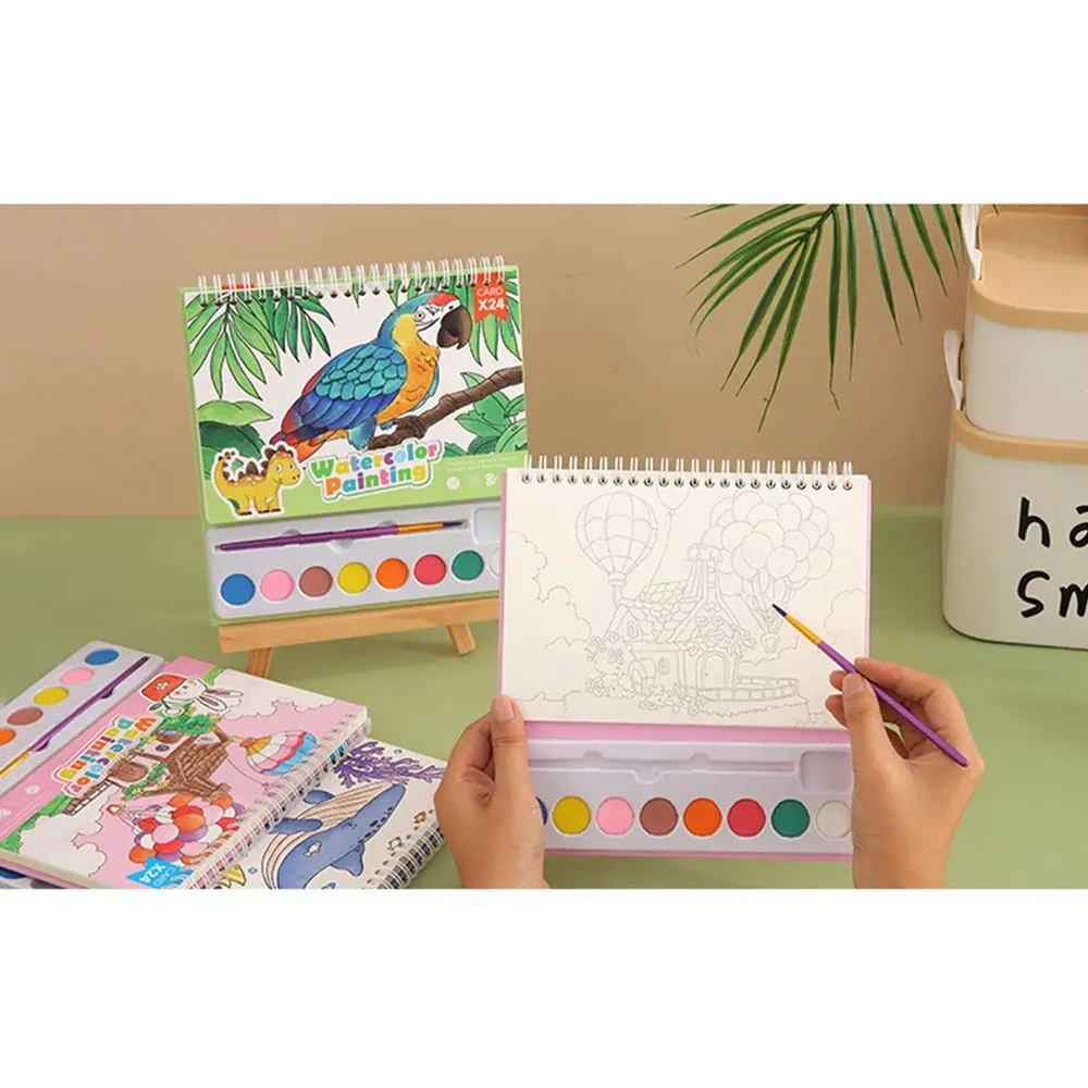 كتاب رسم بالألوان المائية الكرتونية مع 8 صبغات ألوان 24 صفحة مجموعة ألوان الغواش فرشاة رسم بنمط غير متكرر