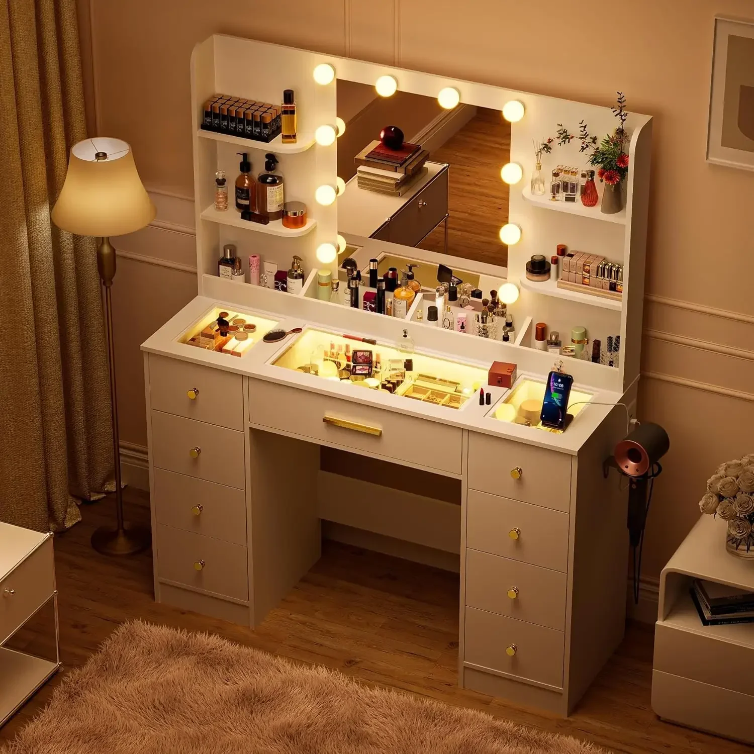 GRANTLEY Vanity Desk with Mirror and Bulbs Lights, Glass Top Makeup Table with 9 Drawers & Power Outlet,3 Lighting Modes & Adjus