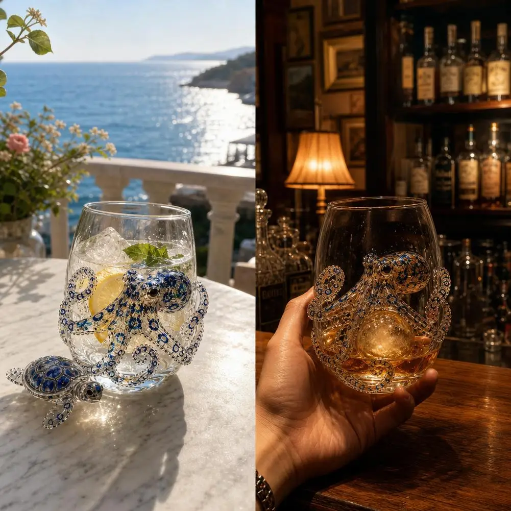 Hand-made Marine Animal Glassware 3d Blue-ringed Octopus Stemless Wine Glass Ocean Animal Bar Accessories Ocean Home Decor Gifts