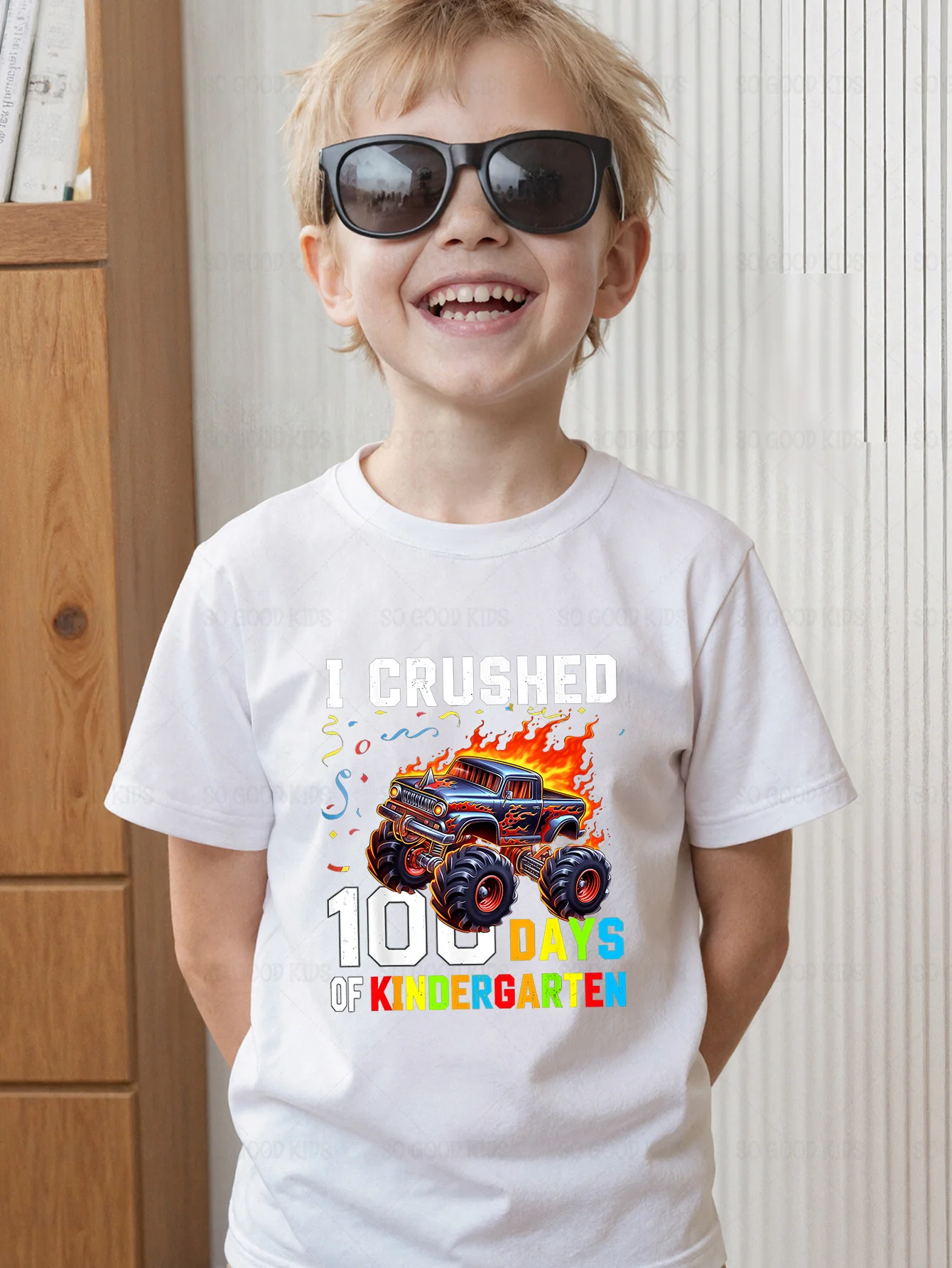 Monster Truck 100 Days Of Kindergarten Color Letter Print Kids T Shirt Boys Girls Family Matching Summer Crew Neck Casual Tee