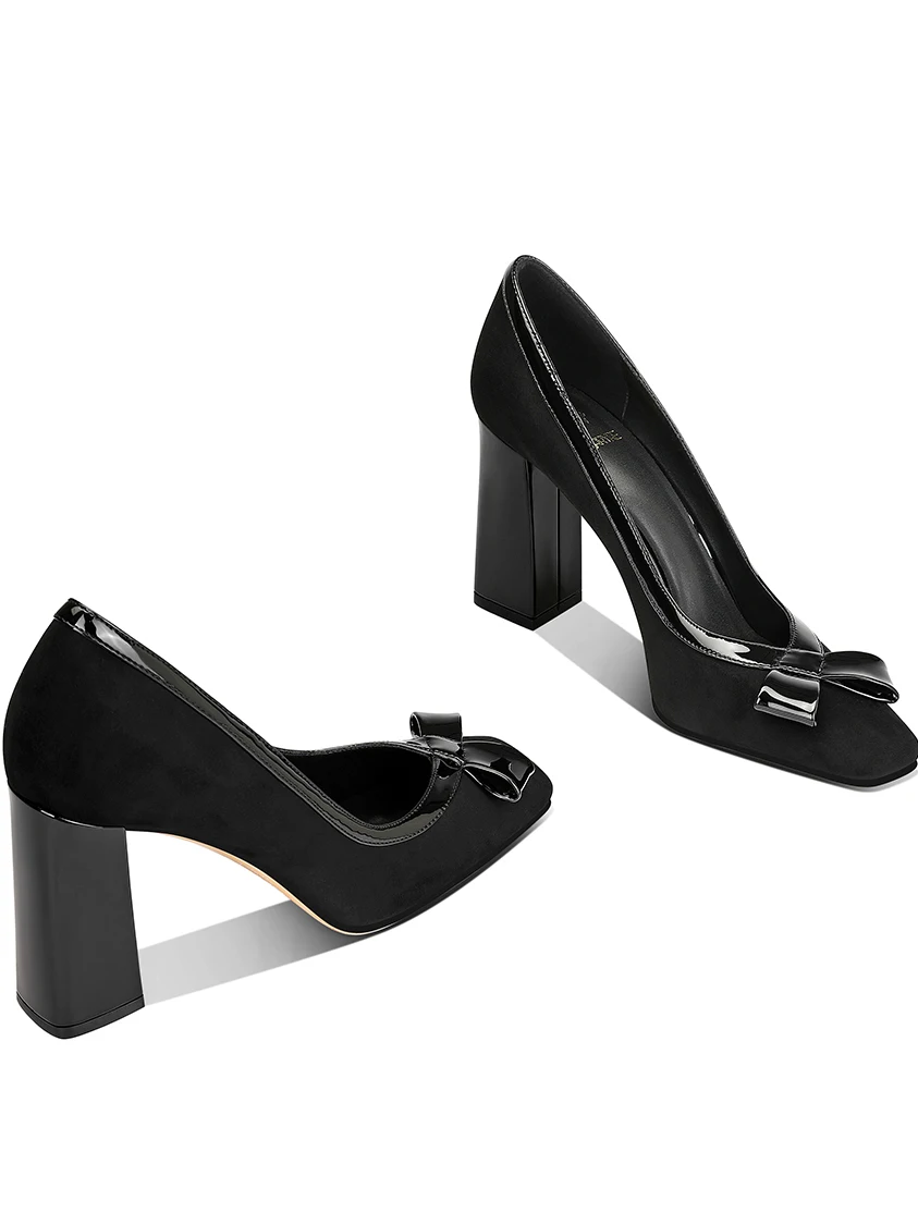 

Весенне-осенние новые женские туфли на высоком каблуке, бант на толстом каблуке с квадратной головкой, профессиональная модная женская обувь ручной работы