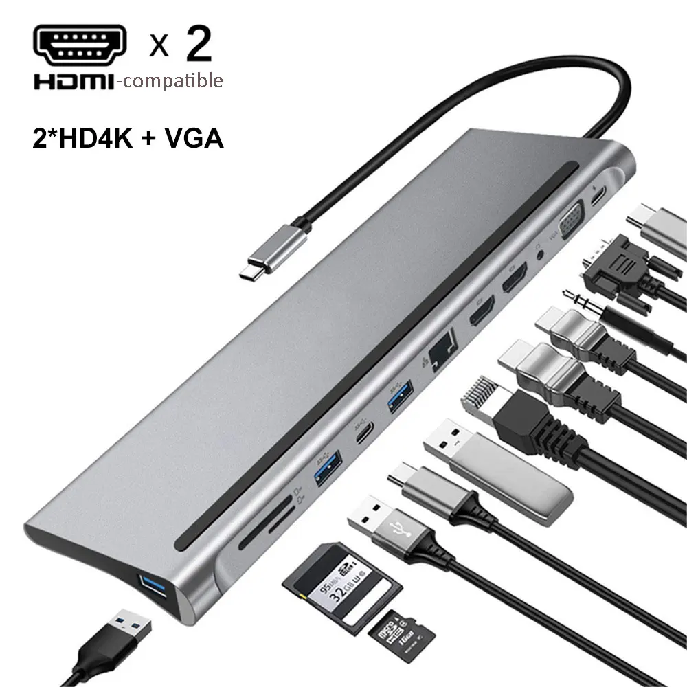 12-in-1 USB C Docking Station Hub Type Tipo Multi Multi-hub Extenisor A HDMI-compatible Adapter Dock Laptop for Macbook