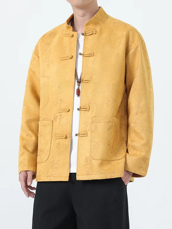 

Мужская замшевая куртка с воротником-стойкой в китайском стиле, осенне-зимняя, с медными пуговицами, свободного кроя, с цветочной вышивкой, класса люкс