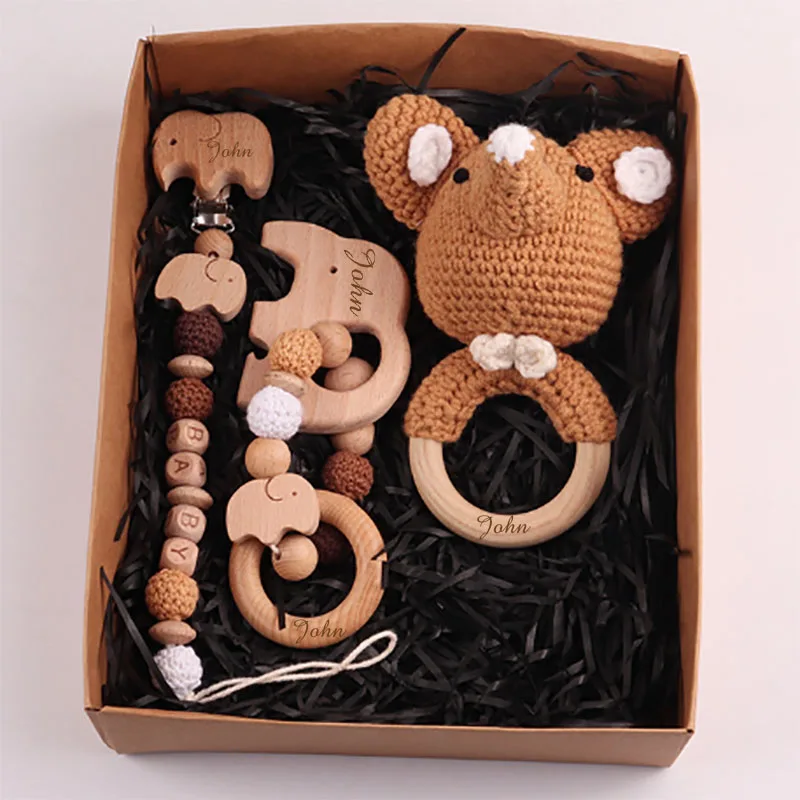 Personalized Bath Toys Set Elephant Pacifier Chain Bracelet Wooden Colored Woven Toys Baby Shower Decoration Newborn Gifts