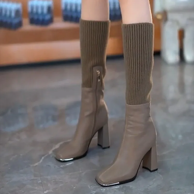 

Metallic Chunky Heel Over Knee Boots Women Autumn Winter Side Zipper Elastic Slim High Tube Boots Rubber Up To Knees Long Boots