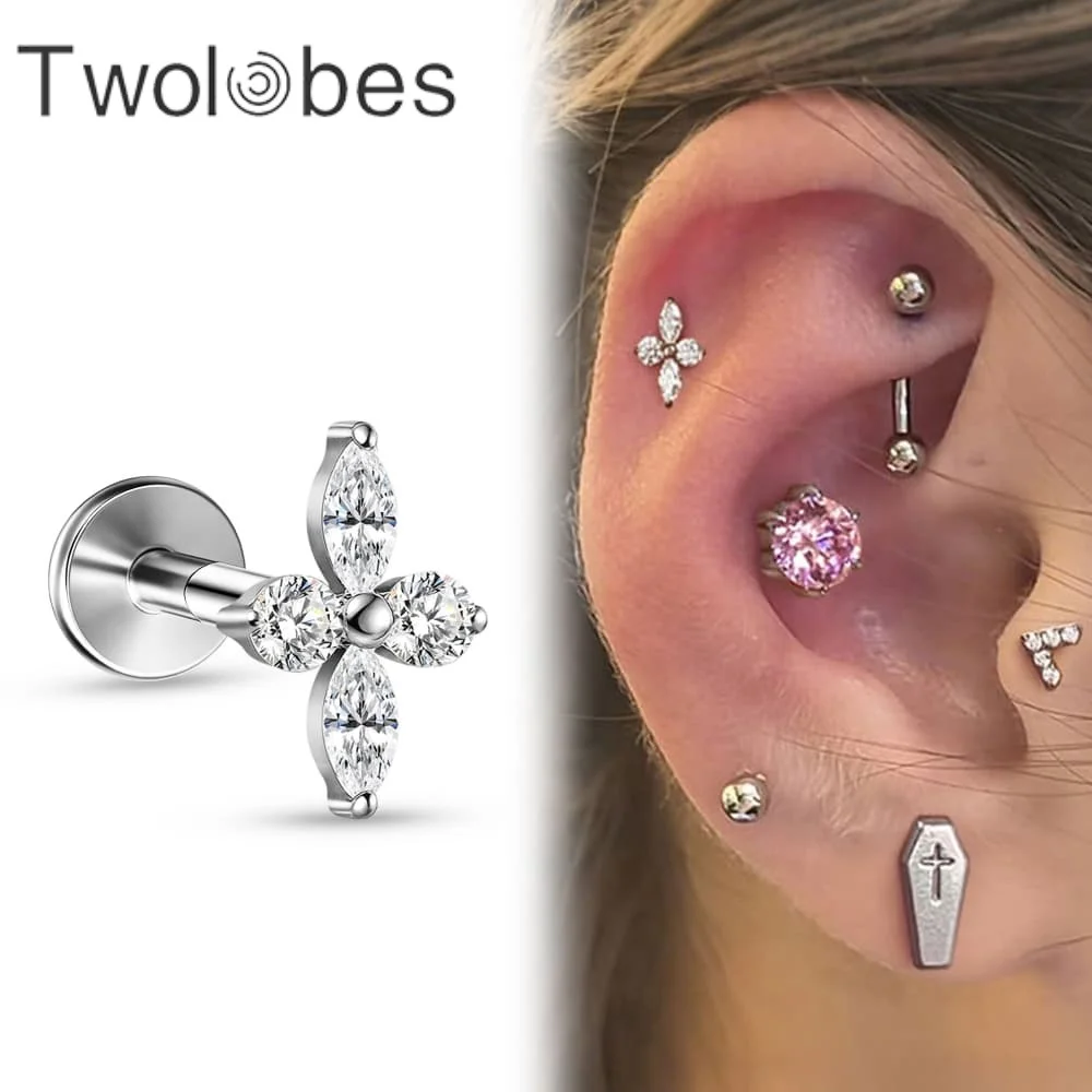 Twolobes 1PC ASTM F136 Titanium Marquise CZ Flower Labret Elegant Flat Back Studs Internally Threaded Tragus Conch Piercing