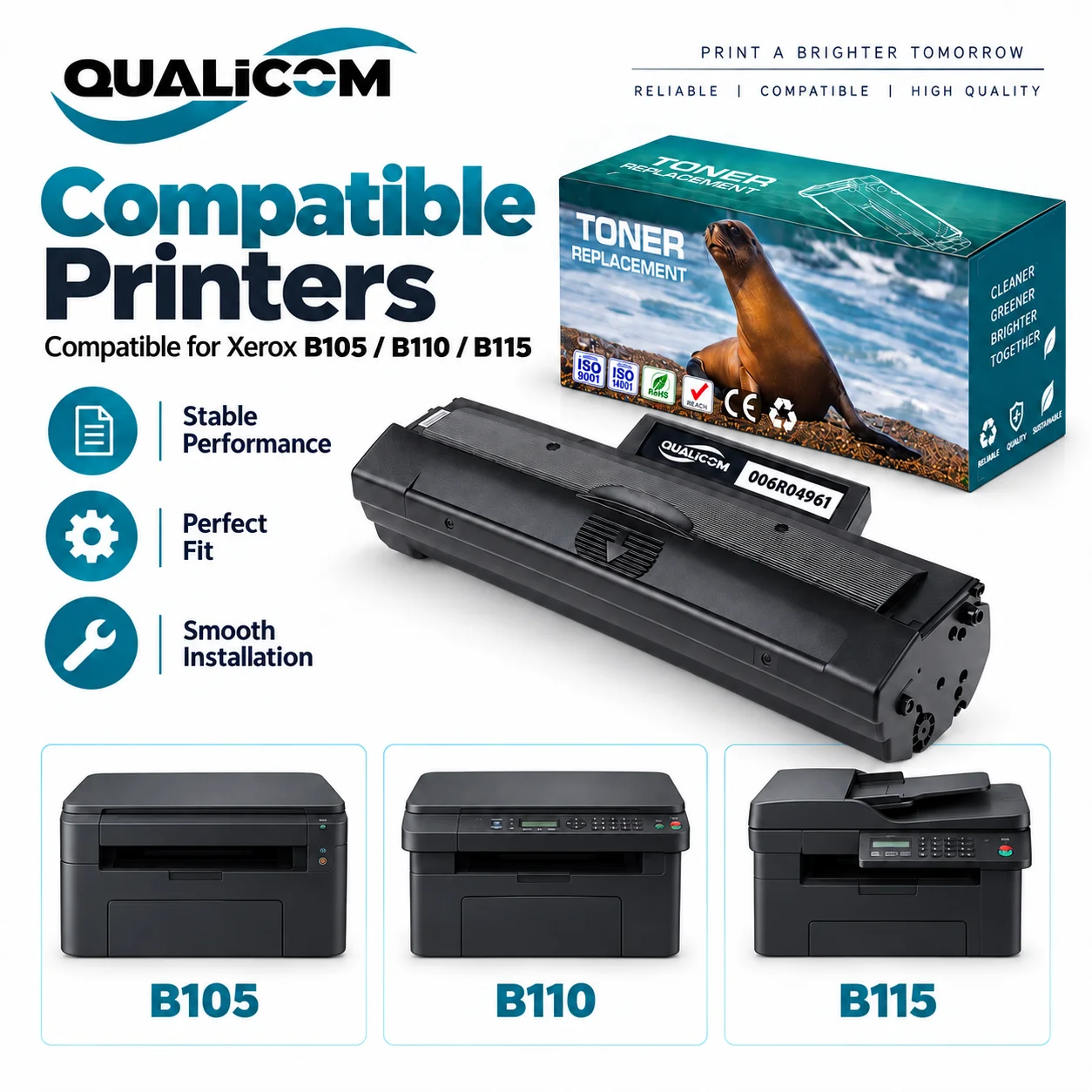 006R04961 Toner Cartridge with Pre-installed Chip, Compatible for Xerox B105 B110 B115 Printers, Black High Yield 1500 Pages