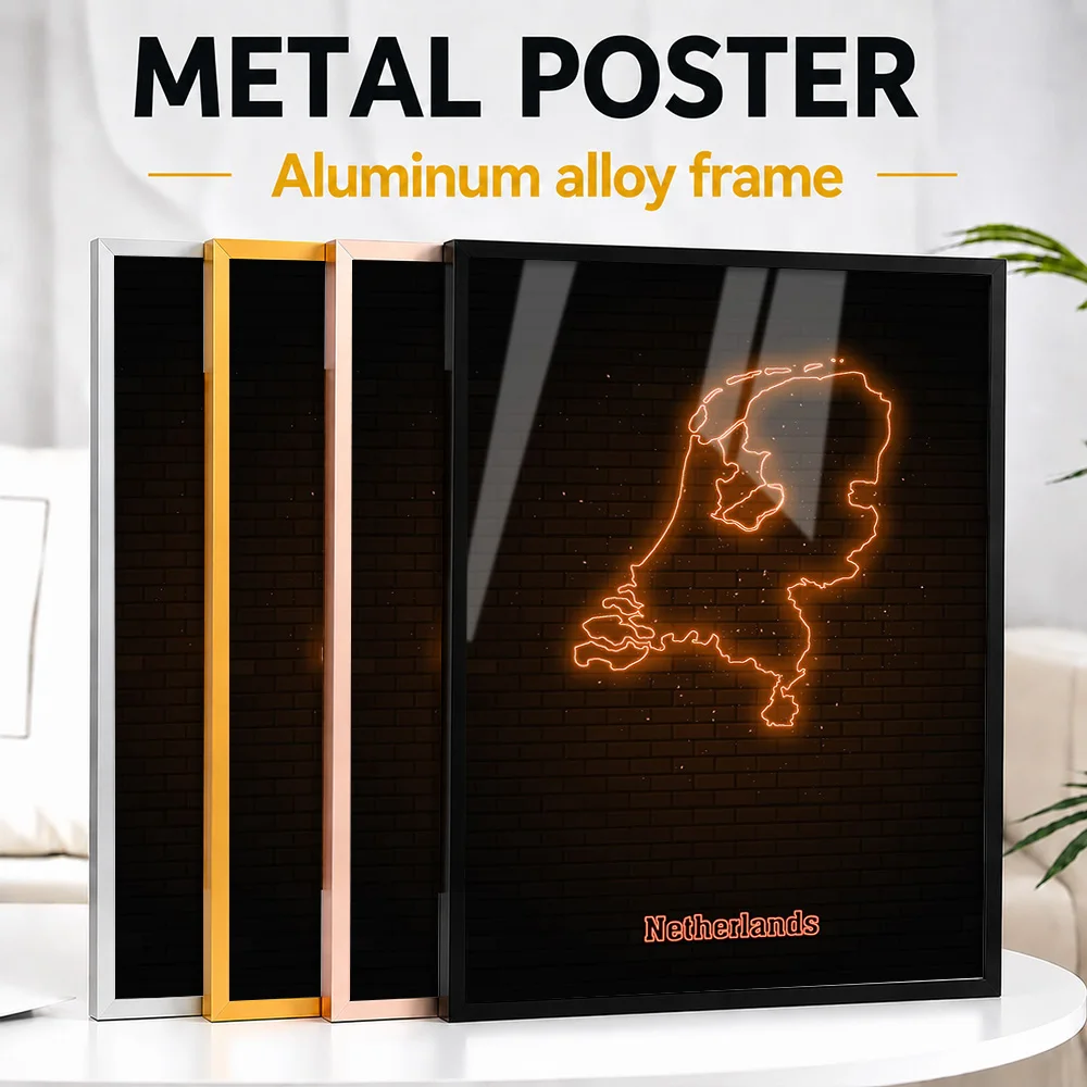 Netherlands Map Outline Framed Aluminum Metal Poster Personalized Neon Style Wall Art For Travel Agency And Office Reception