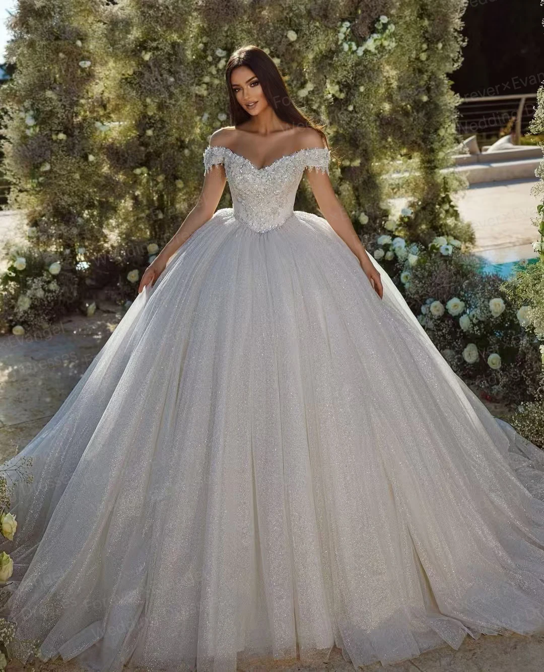 Graceful Glisten Wedding Dresses 2024 Woman's A Line Sexy Off Shoulder For Bride Ball Gowns Sweep Train Fluffy Vestidos De Noche