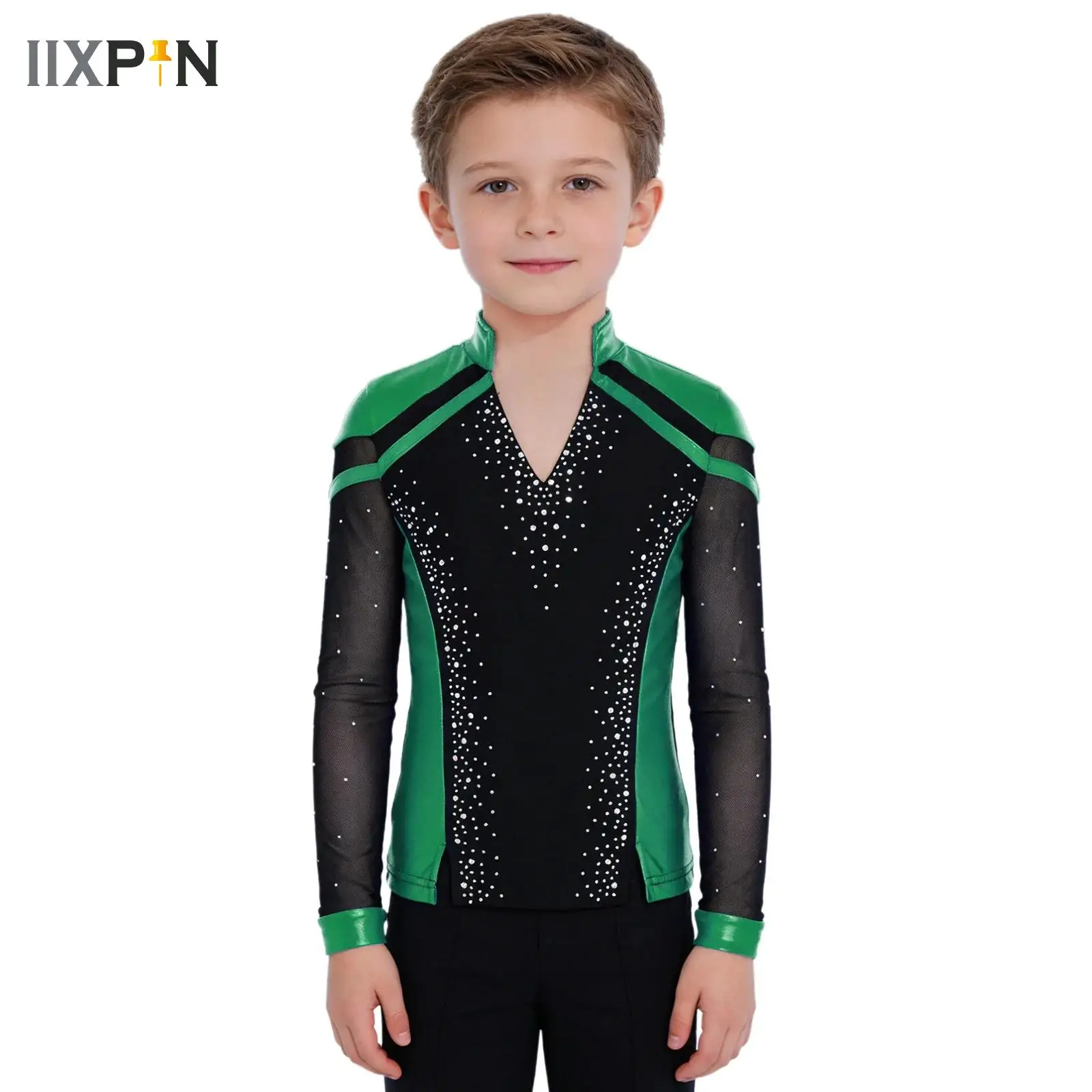 

Kids Boys Figure Skating Dance Top V-Neck Long Sleeve Split Hem Shiny Rhinestones Metallic Color Block Pullover for Performance