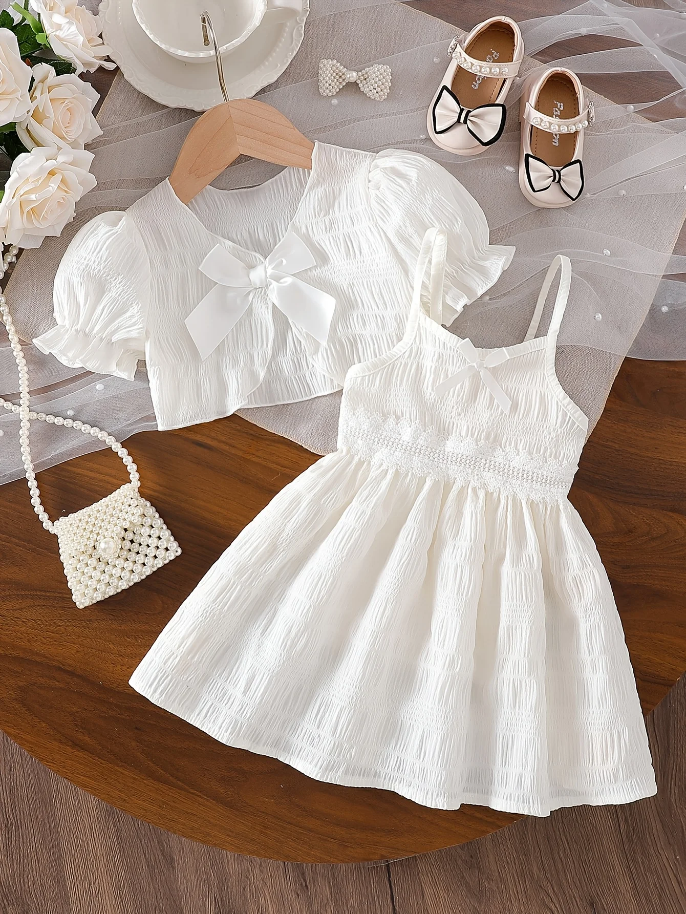 

Нежный комплект для девочки из 2 предметов: платье-комбинация с пышной юбкой и милый кардиган, свежий и прохладный летний стиль, игривый | Подарок на день рождения