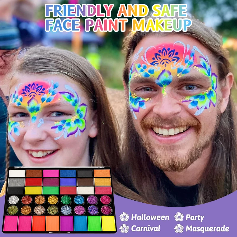 Geschilderde 42-kleuren gezichtsverfset voor kinderen, niet-giftig watergeactiveerd gezichtsverfpalet met borstels, voor carnaval, Halloween