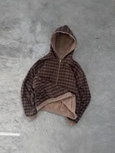 Vintage Karierter Gefütterter Zip-Up-Hoodie für Männer und Frauen, Marineblau, Baumwolle, Kapuzenjacke, Oversized Streetwear, Lässige Retro-Oberbekleidung – Detail 4