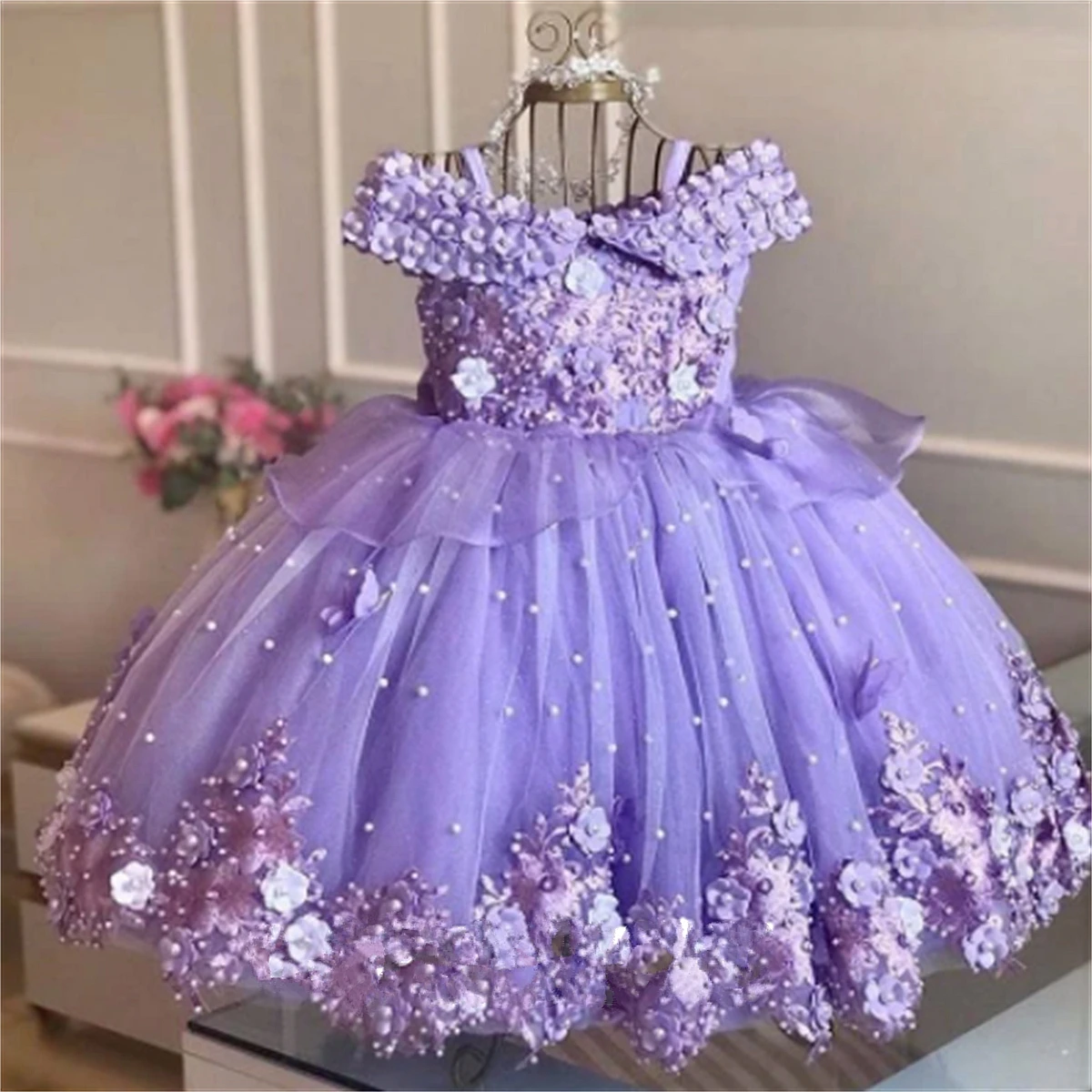 Luxury Princess Applique Flower Girl Dresses For Wedding Tulle Pearls Ball Kids Pageant Gown Birthday Party First Communion Wear