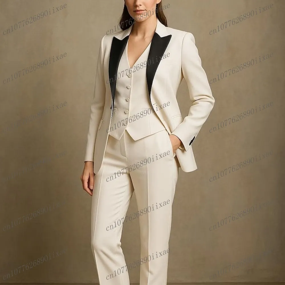 

Белый женский костюм с черным воротником, женские деловые офисные смокинги для мамы, свадебной вечеринки, формальный женский комплект из трех предметов, куртка, жилет, брюки