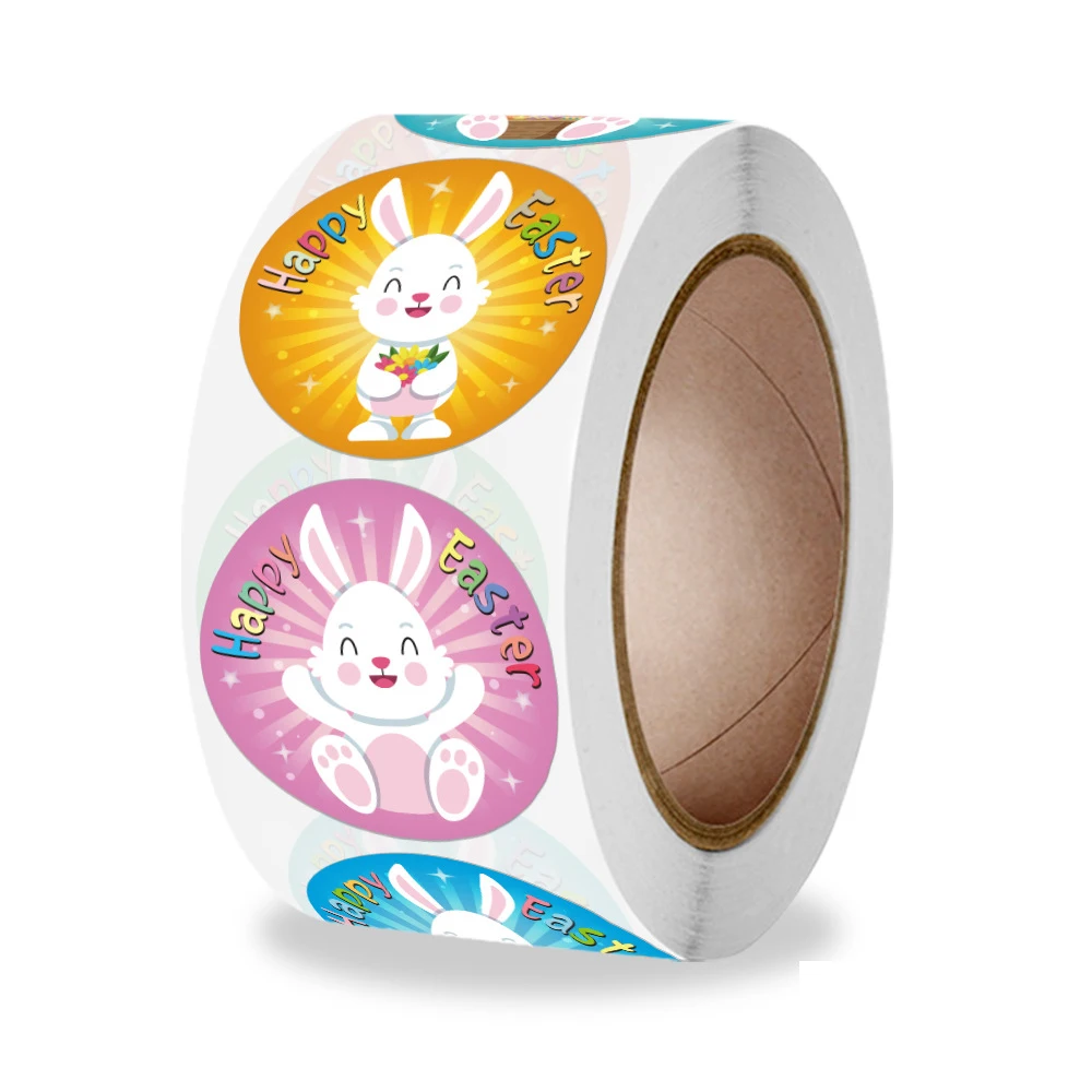 25mm Happy Easter Stickers Cute Rabbit Cartoon Animal Self Adhesive Sticker Label For Easter Party Kids Gifts Bag Box Decor Tags