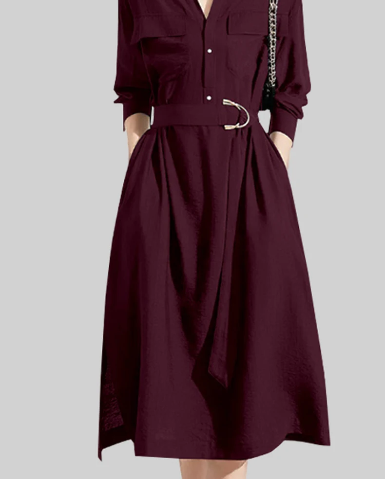 Französisch einfach elegant elegant V-Ausschnitt Langarm hoch taillierten Gürtel Slim Fit A-Linie Temperament Pendler Shirt langes Kleid für Frauen Herbst