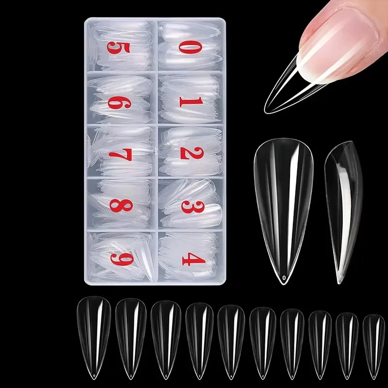 500Pcs/Box Needle Tip Nail Tips Transparent Colorless Stick-On Acrylic Nails Different Sizes Fake Nails DIY Handmade Nail Extension Tools
