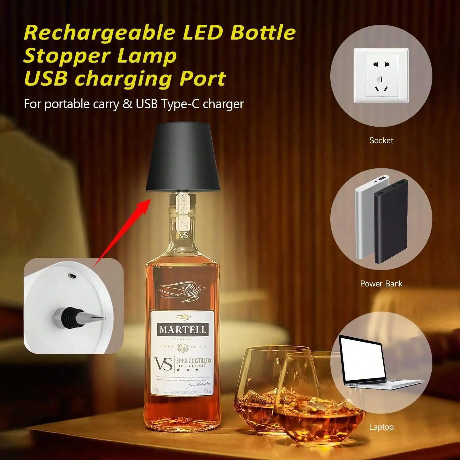 Lámpara LED inalámbrica recargable para botella de vino, con atenuación táctil, 3 modos de color, tapón de botella inalámbrico, luz nocturna decorativa para bar, restaurante, dormitorio, sala de estar