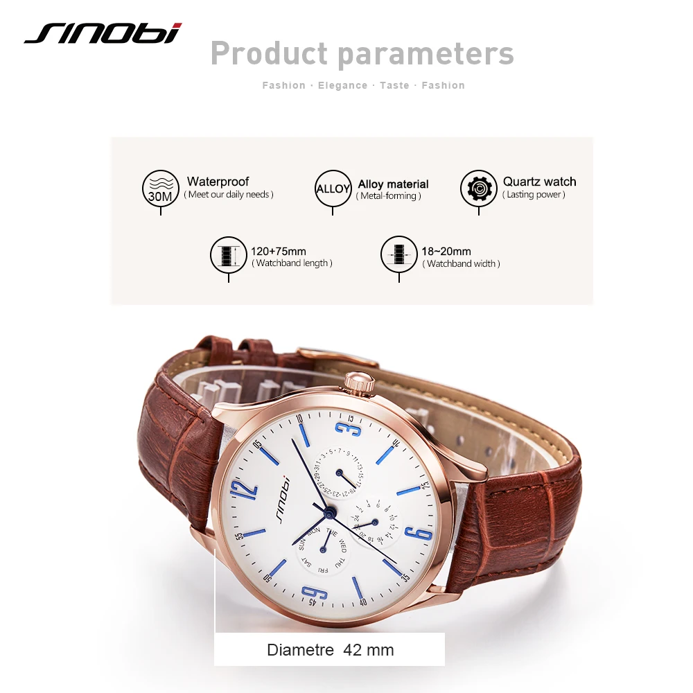 SINOBI Luxury Business Men\'s Wristwatches 42mm Dial Calendar Week Date Leather Strap Business Males Geneva Quartz Clock Watches