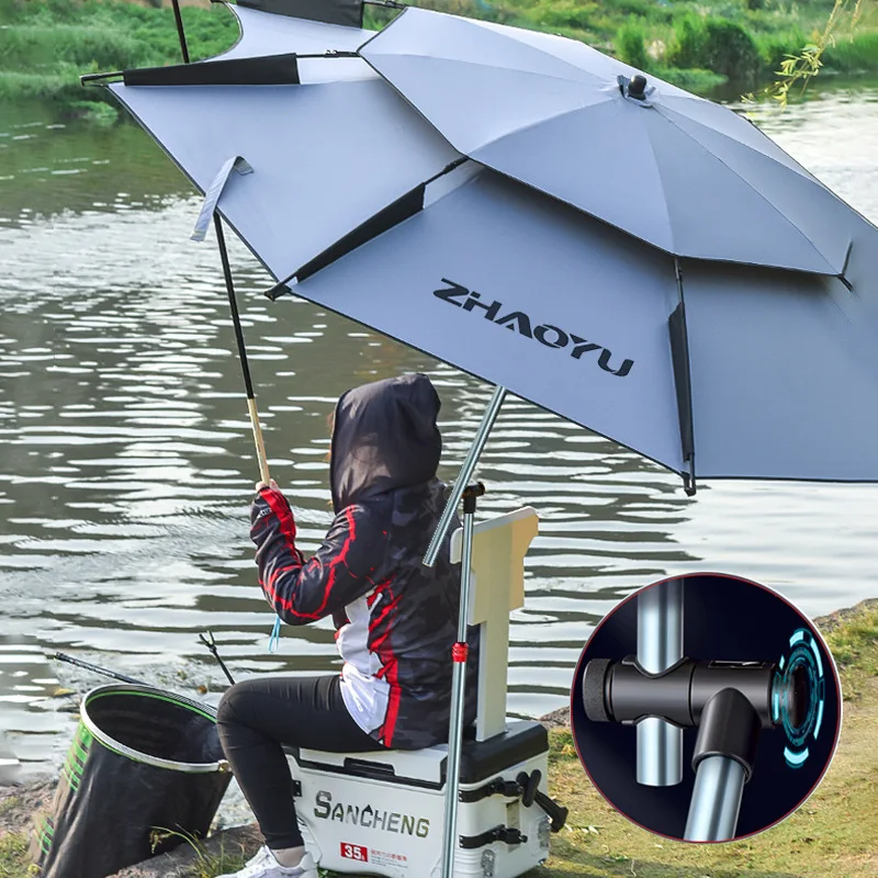 Large Outdoor Fishing Umbrella with Crutch Pole Thickened Double Layer Storm Proof Sunshade Folding Design Portable No Base