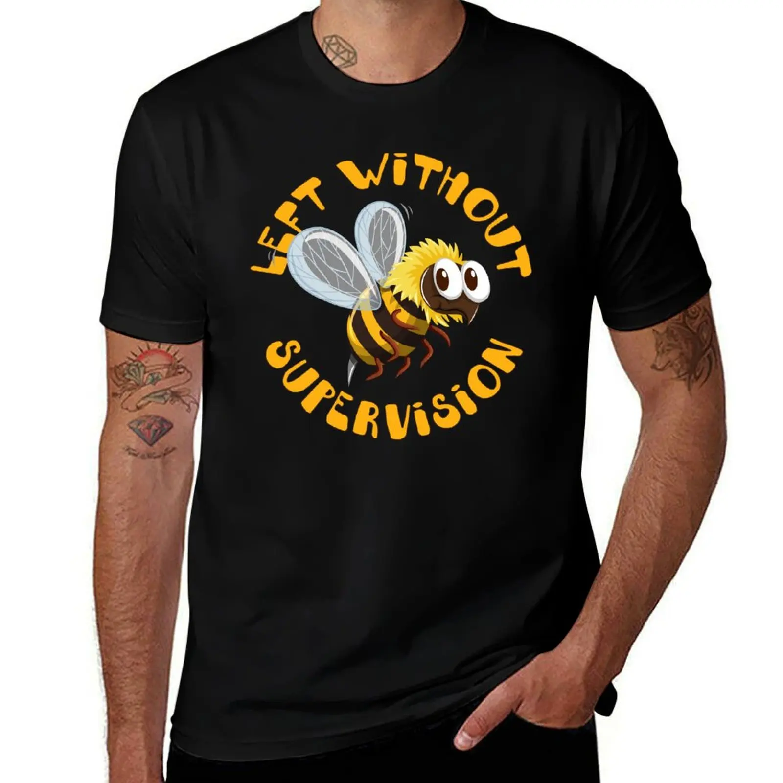 

Left Without Supervision Funny Bee Humor Hornet Cheerful T-Shirt Fashion Casual Short Sleeve Top