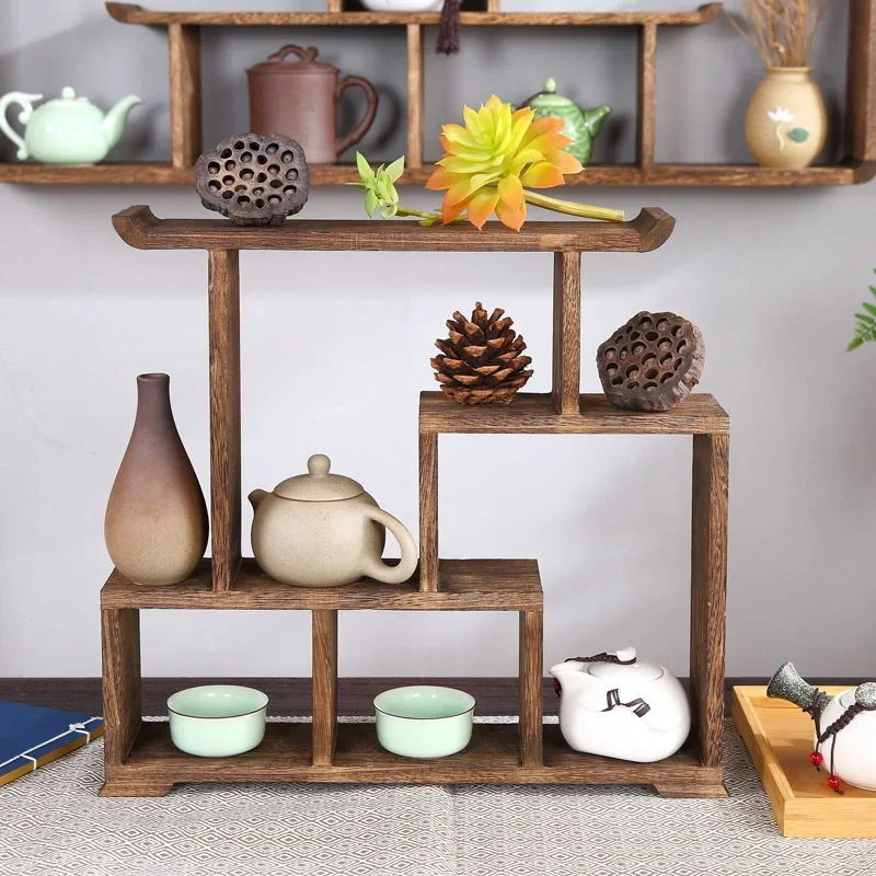 Compact Solid Wood Tea Set Organizer Mini Blog Rack Chinese Tabletop Display Spice Holder Kitchen Shelf