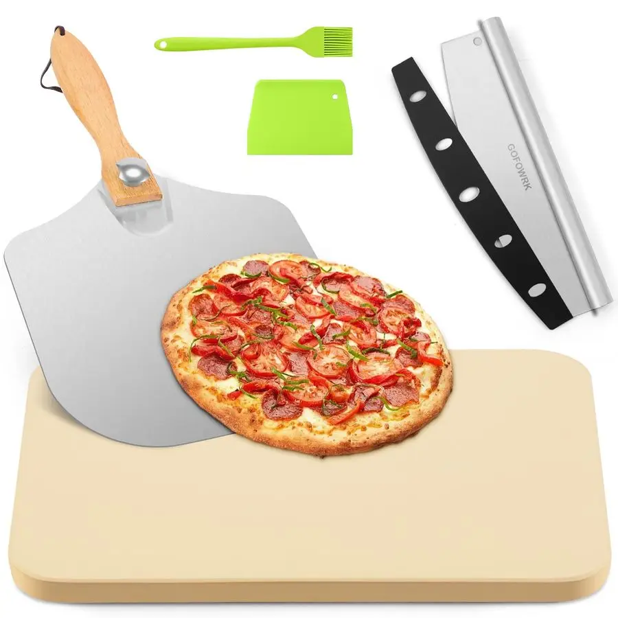

Stone 5 PCS Set, 15 x 12 Large Rectangle Pizza Stone Set for Oven and Grill with Metal Pizza Peels amp Cutter Rocker, 0.6 Thicke