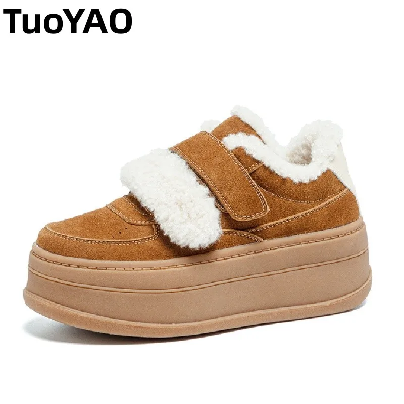 

7cm Heel Platform Boots for Women Winter Shoes Warm Plush Ankle Boots Snow Genuine Leather Suede Comfortable Non Slip