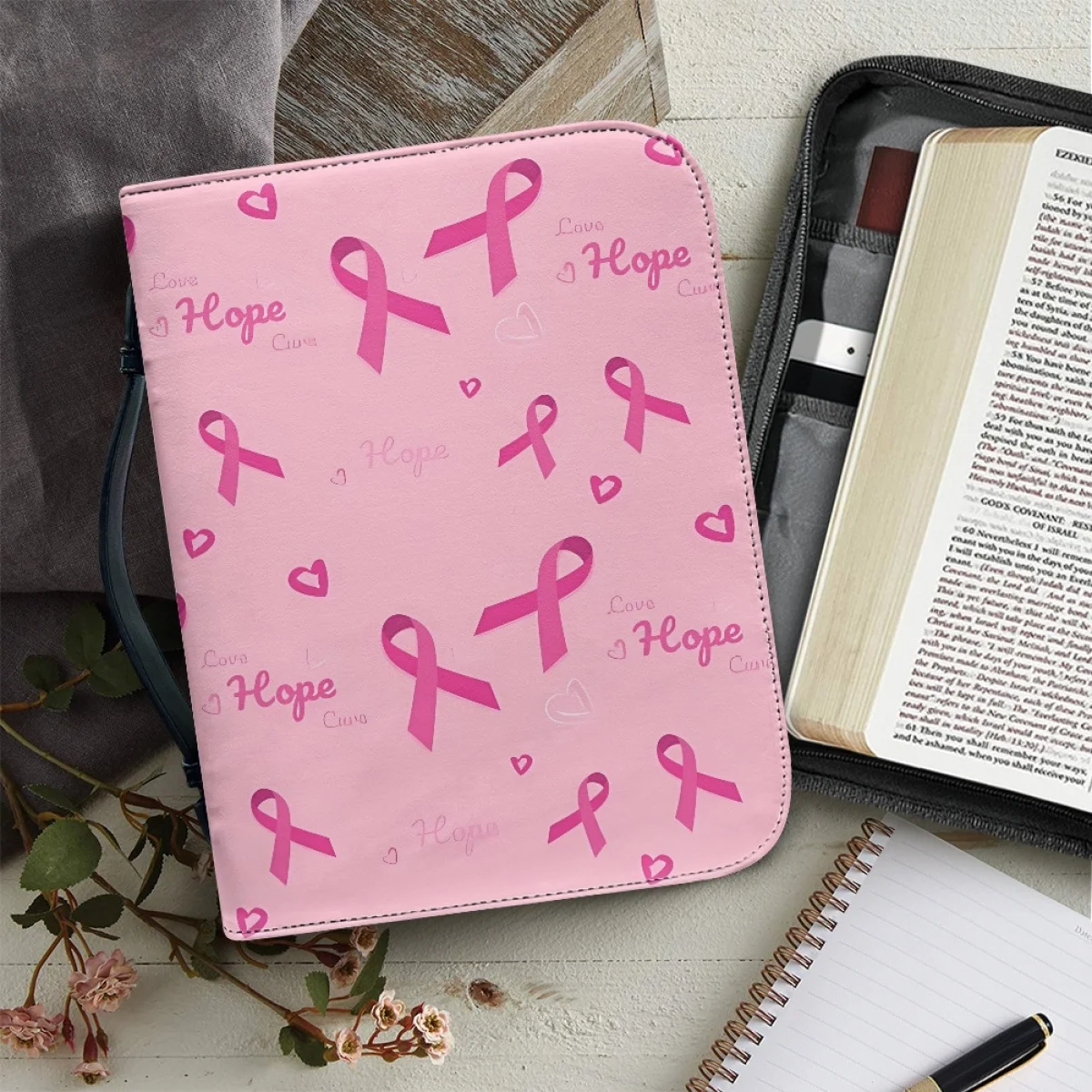 Autism Cancer Consciousness Bible Storage Bag for Women 2023 Pink Cravat Print Bible Bag Leather Study Book Holy Storage Boxes