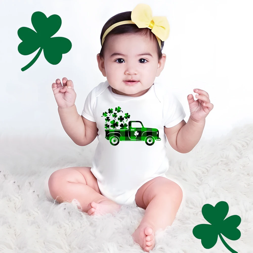 

Clover Truck Graphics Boys Newborn Rompers St Patricks's Day Baby Bodysuits Short Sleeve Jumpsuit Festival Gifts for Baby