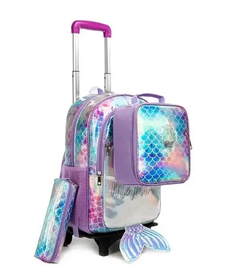 Mochila escolar con ruedas para niñas, bolsa de almuerzo, juego de bolígrafos, mochila escolar con ruedas