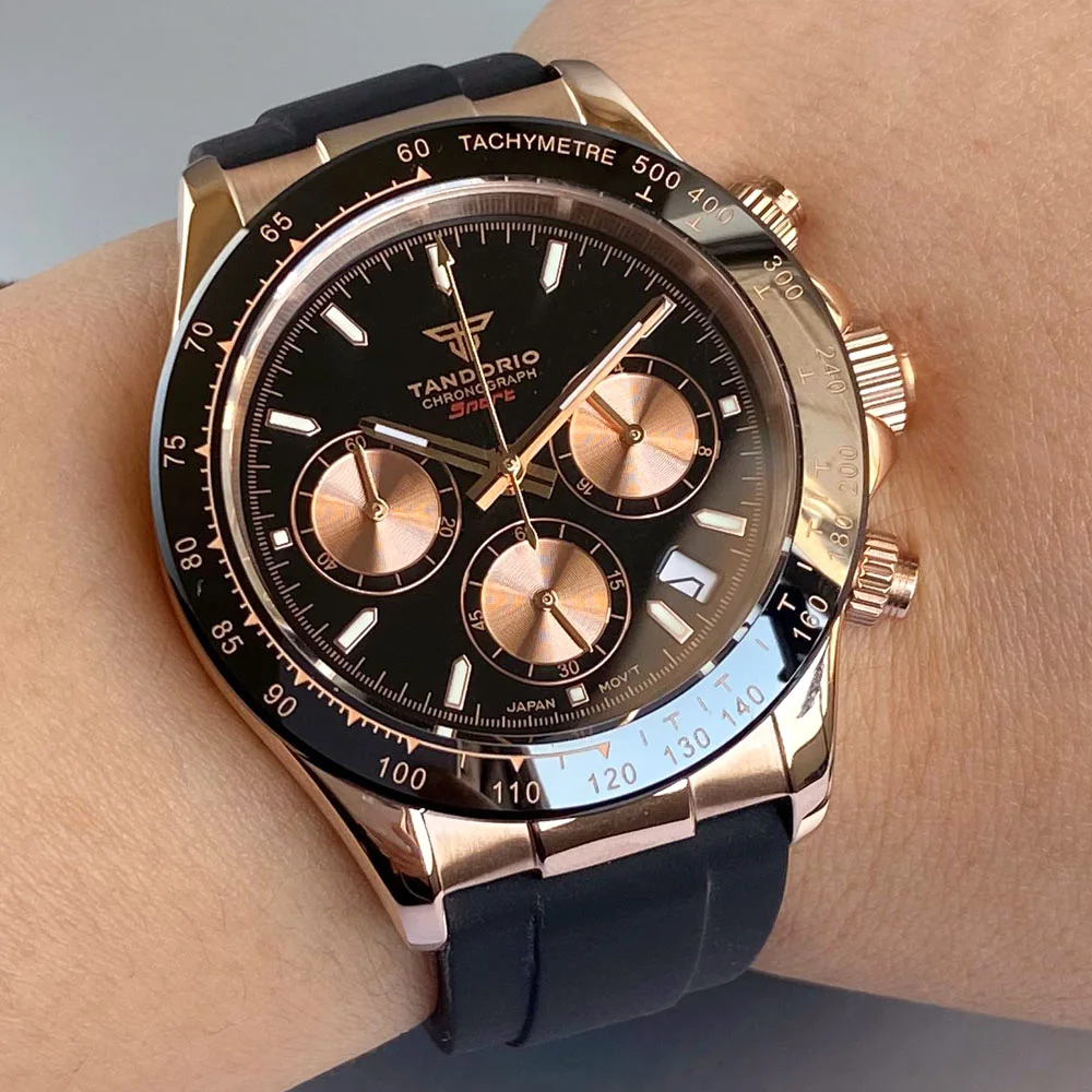 Tandorio 남성용 클래식 크로노그래프, 블랙 로즈 골드, 39mm 사파이어 크리스탈 시계, 달력 시계, VK63 쿼츠 무브먼트, 신제품