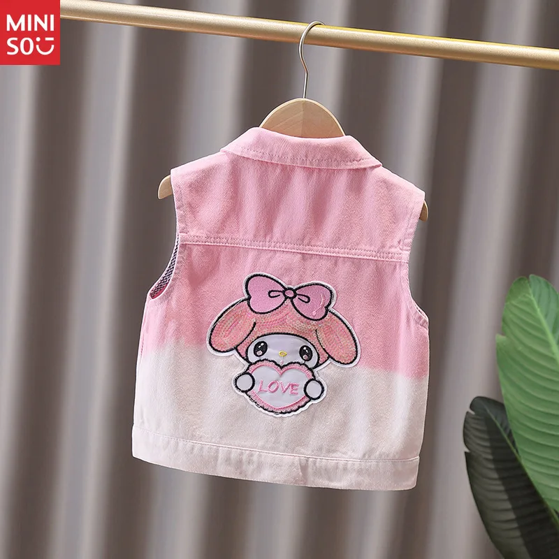 

Miniso 2025 Children's Clothing Gradient Pink Girls Denim Vest Spring Autumn Cartoon Print Sleeveless Jacket Kids Casual Wear