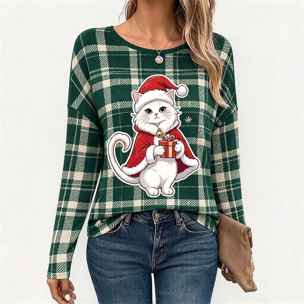 Women's T-shirts Christmas Animal Long Sleeve T-shirt Plaid Stripe Tops Xmas Graphic Casual Holiday Party Ladies Soft Tee Shirt