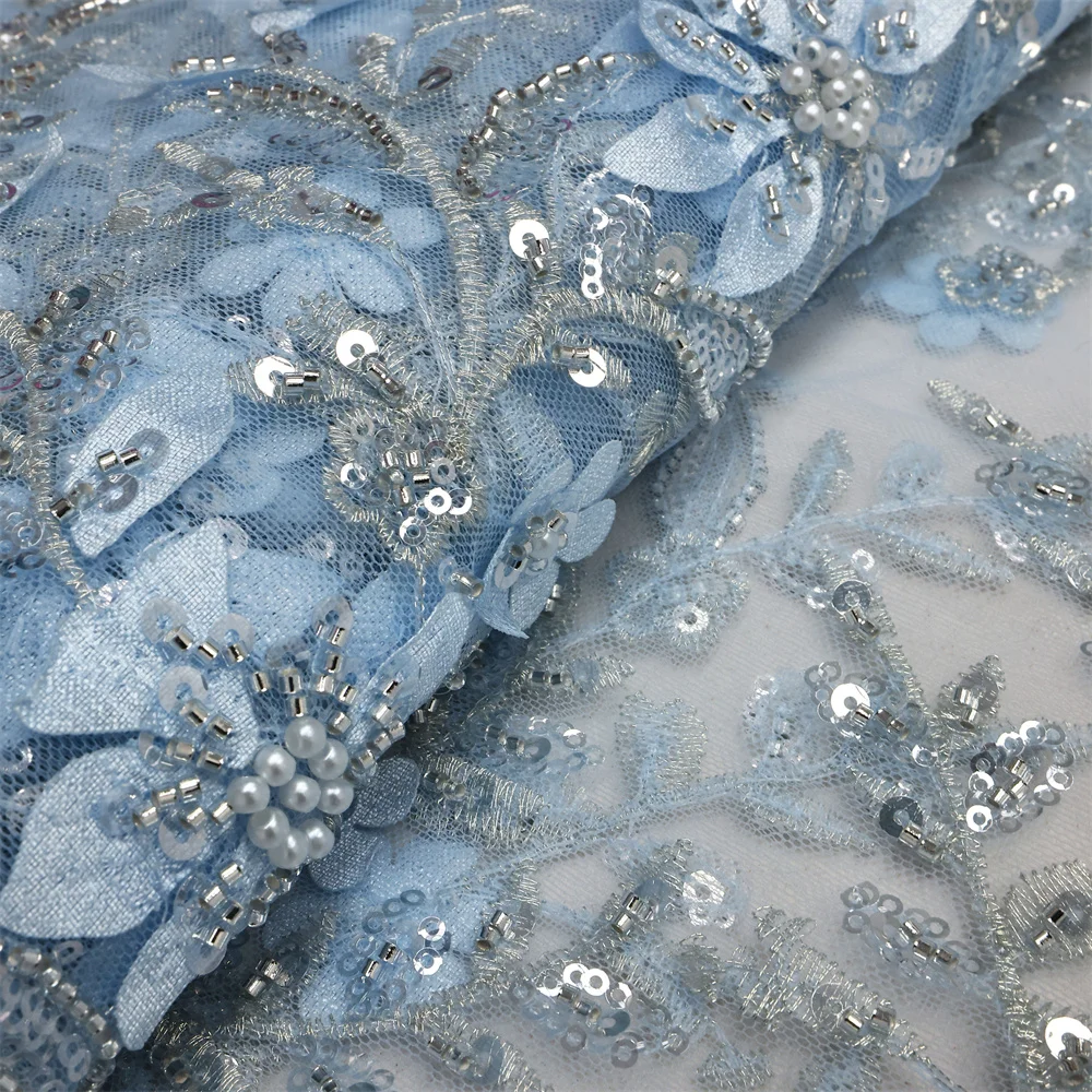 African Sequins Beads Lace Fabric 2024 5 Yards High Quality French Mesh Tulle Embroidery Wedding Bridal Lace