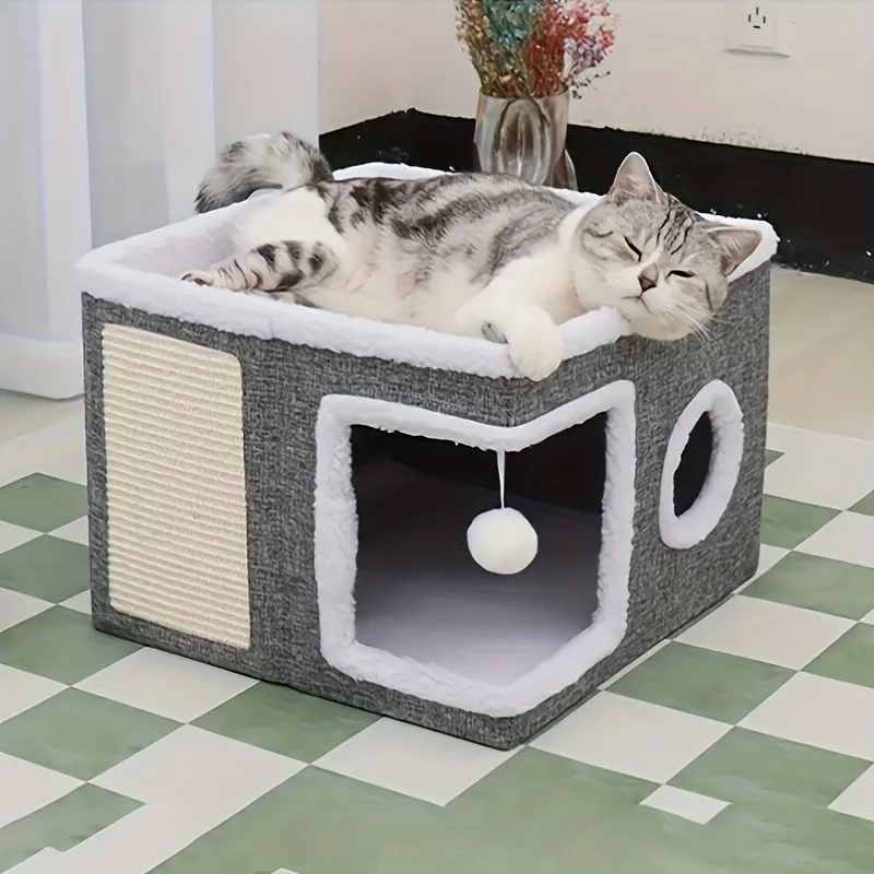 

Customizable Luxury Cat Tree Bed with Scratching Post - Dual-Level 4-Season Pet Furniture, Organic Bamboo Base & Orthopedic Cush