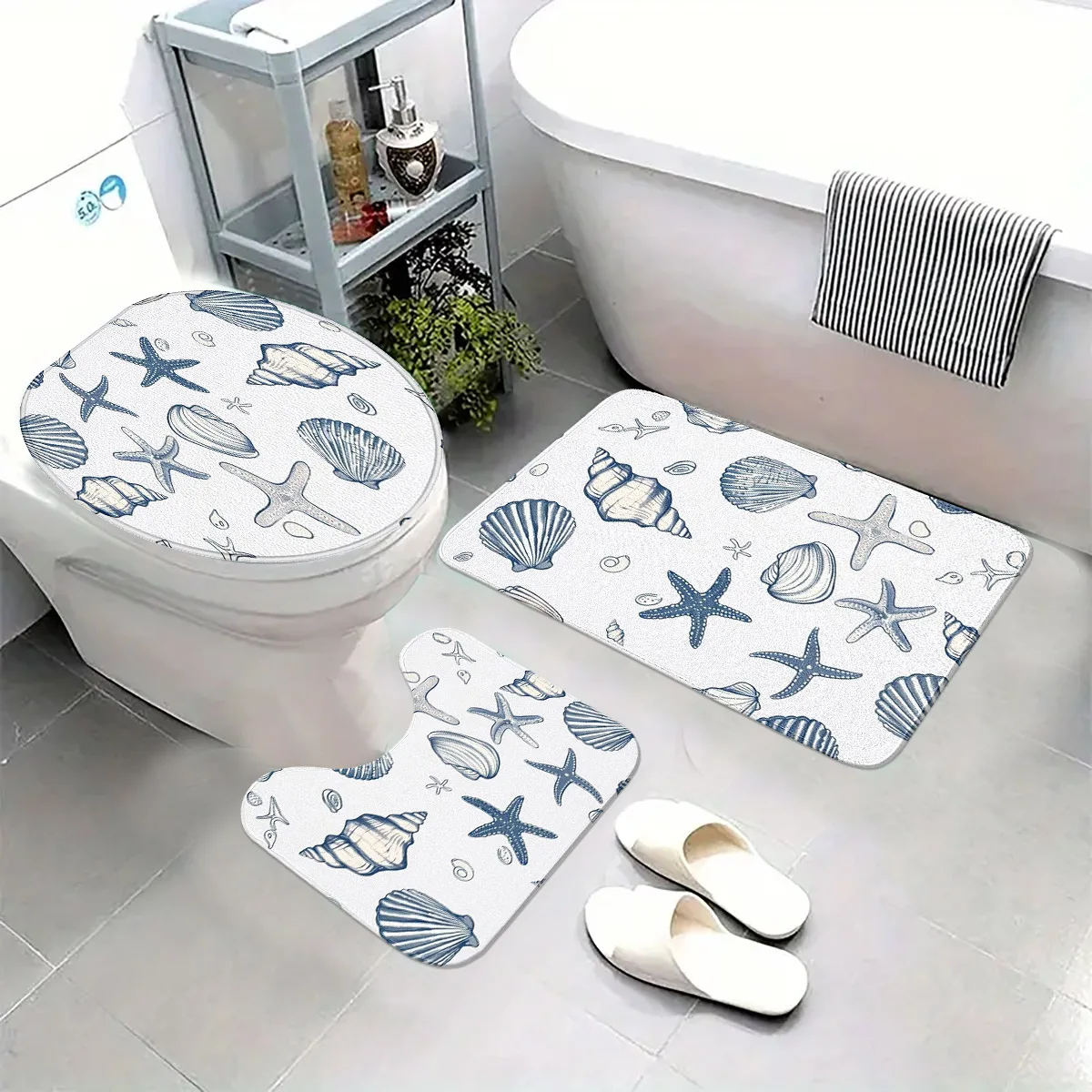 Einfaches Blau-Weißes Ozean-Stil Badezimmer-Bodenmatten-Set, Dreiteilig, mit Seestern- und Muscheldruck, U-förmige WC-Sitzmatte, Rutschfestes Set