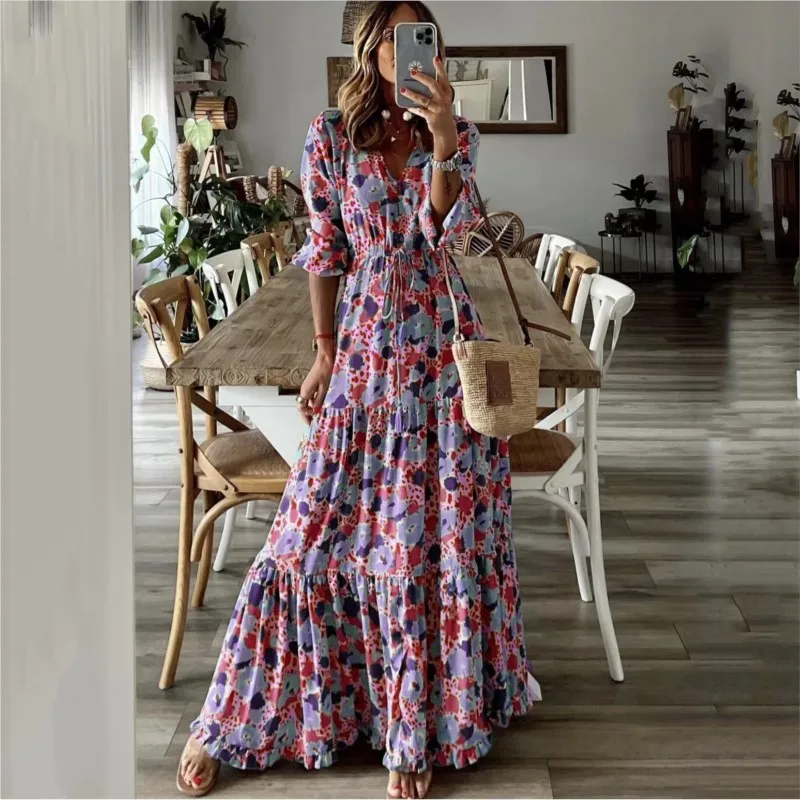 Abiti lunghi stampati di nuova moda da donna Sexy scollo a V mezza manica con lacci in vita Splic Boho Abiti casual per invitati al matrimonio Autunno