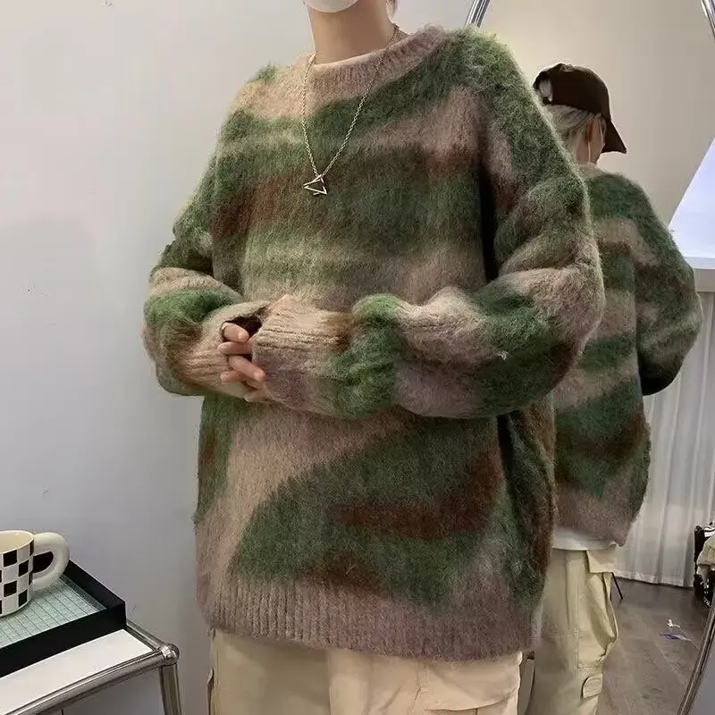 

een Striped American Retro Sweater Men's Sle Lazy Faion Autumn Korean System Knitted Outerwear Casual Long Sve round...