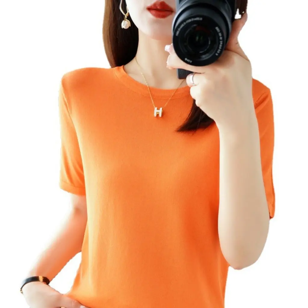 

Женский летний вязаный свитер из ледяного шелка с бусинами, круглый вырез, с короткими рукавами, свободный утягивающий тонкий топ с внутренней/внешней частью