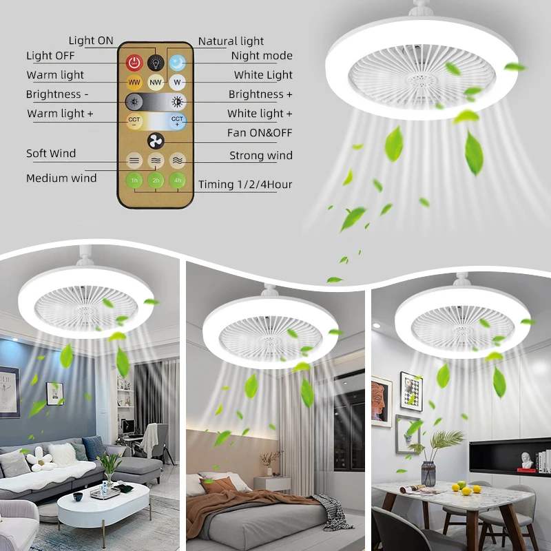 Ventilador de techo inteligente con Control remoto, luces LED silenciosas, lámpara de atenuación para dormitorio, sala de estar, decoración del hogar, E27 ventilador de techo con luz