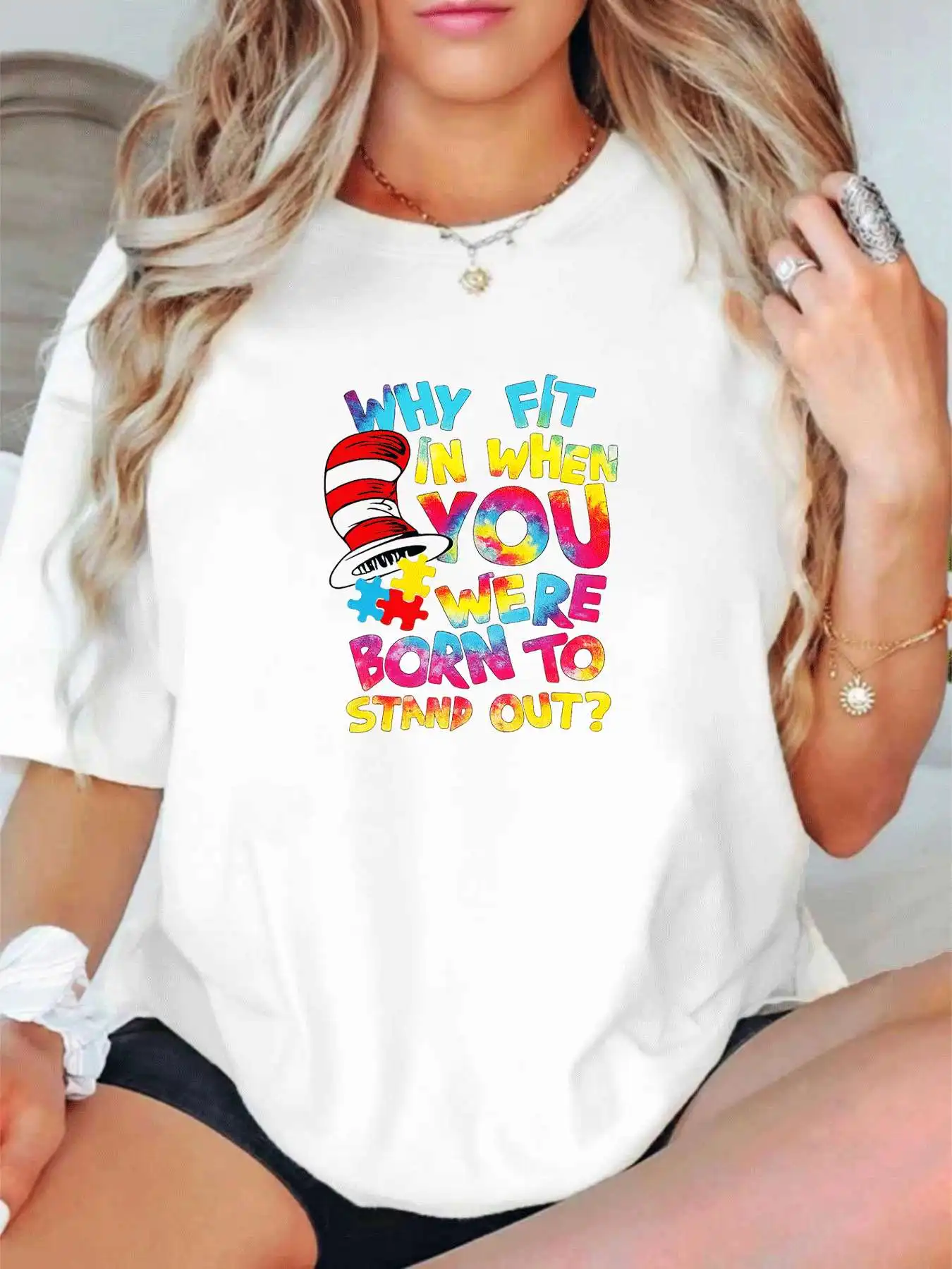 

【1142799】Женская футболка больших размеров с круглым вырезом и короткими рукавами, эластичными полурукавами и модными принтами