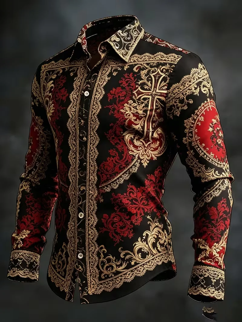 

New Red Lotus Cross Baroque Vine 3D Printed Long Sleeve Shirt with Smooth Drop and Satin Collar for Men