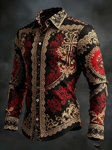 New Red Lotus Cross Baroque Vine 3D Printed Long Sleeve Shirt with Smooth Drop and Satin Collar for Men